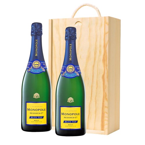 Monopole Blue Top Brut Champagne 75cl Double Pine Wooden Gift Boxed (2x75cl)